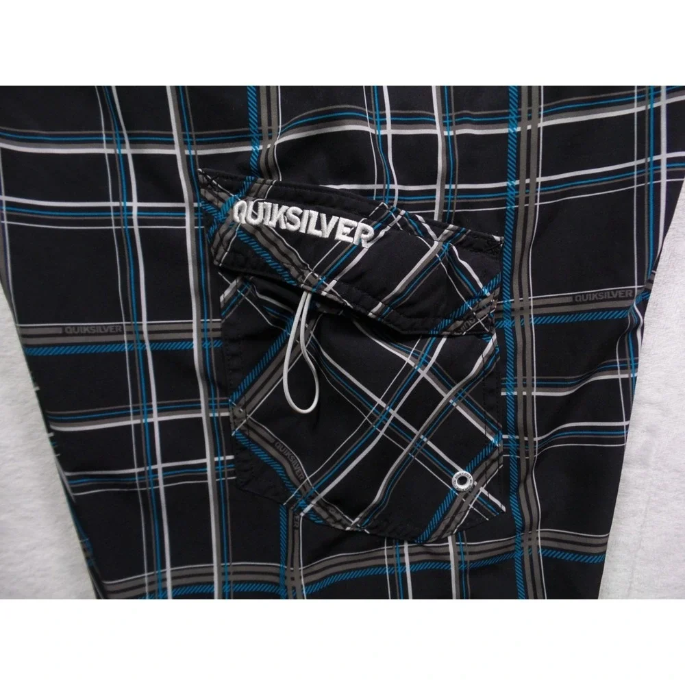 Quiksilver Shorts Mens 33‎ Black Plaid Stretch Boardshorts Pocket Drawstring